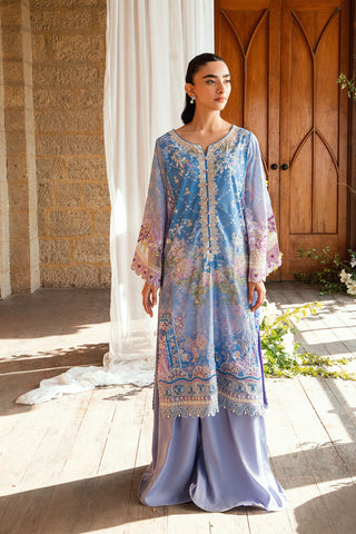 SS26DA-2897 Purple 2-piece crepe silk outfit with a subtle print, delicate hand embellishments, and solid flared pants.