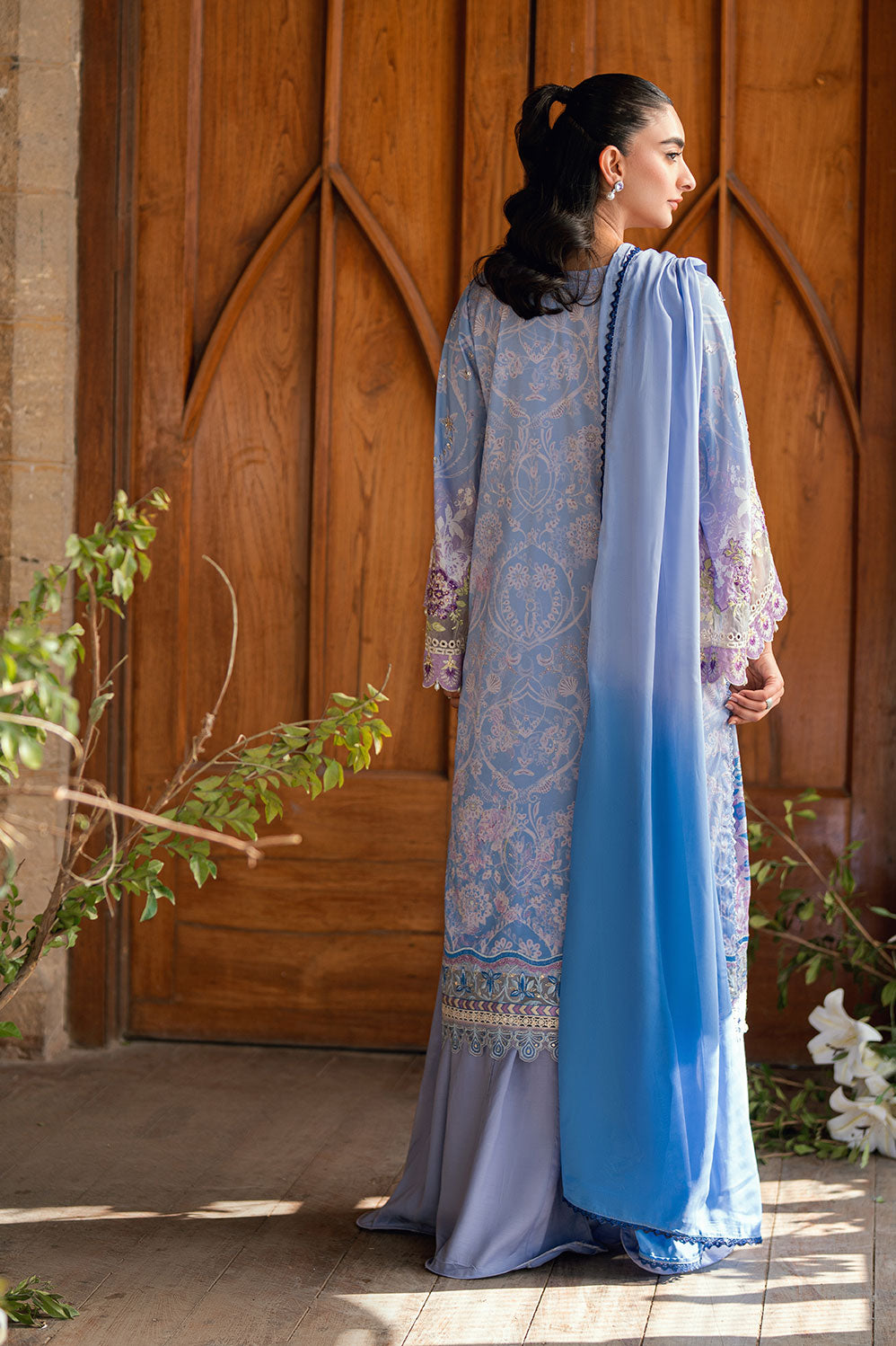 SS26DA-2897 Purple 2-piece crepe silk outfit with a subtle print, delicate hand embellishments, and solid flared pants.