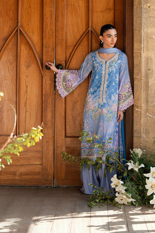 SS26DA-2897 Purple 2-piece crepe silk outfit with a subtle print, delicate hand embellishments, and solid flared pants.