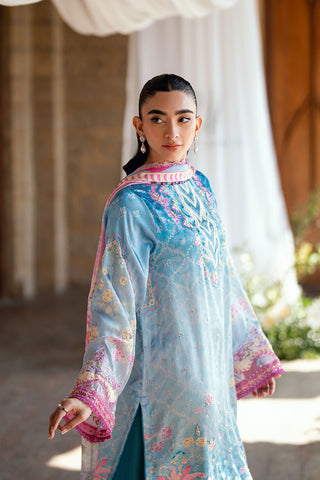 SS26DA-2898 Blue 2-piece satin silk ensemble featuring delicate embroidery over a soft print and flared pants with lace hem.