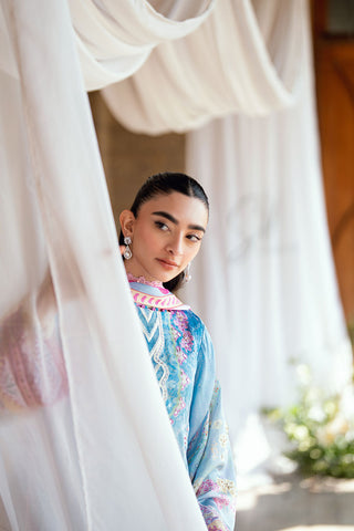 SS26DA-2898 Blue 2-piece satin silk ensemble featuring delicate embroidery over a soft print and flared pants with lace hem.