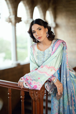 SS26DA-2899 Light Green 2-piece satin silk suit with delicate embroidery on a soft printed kurta and solid bottoms.