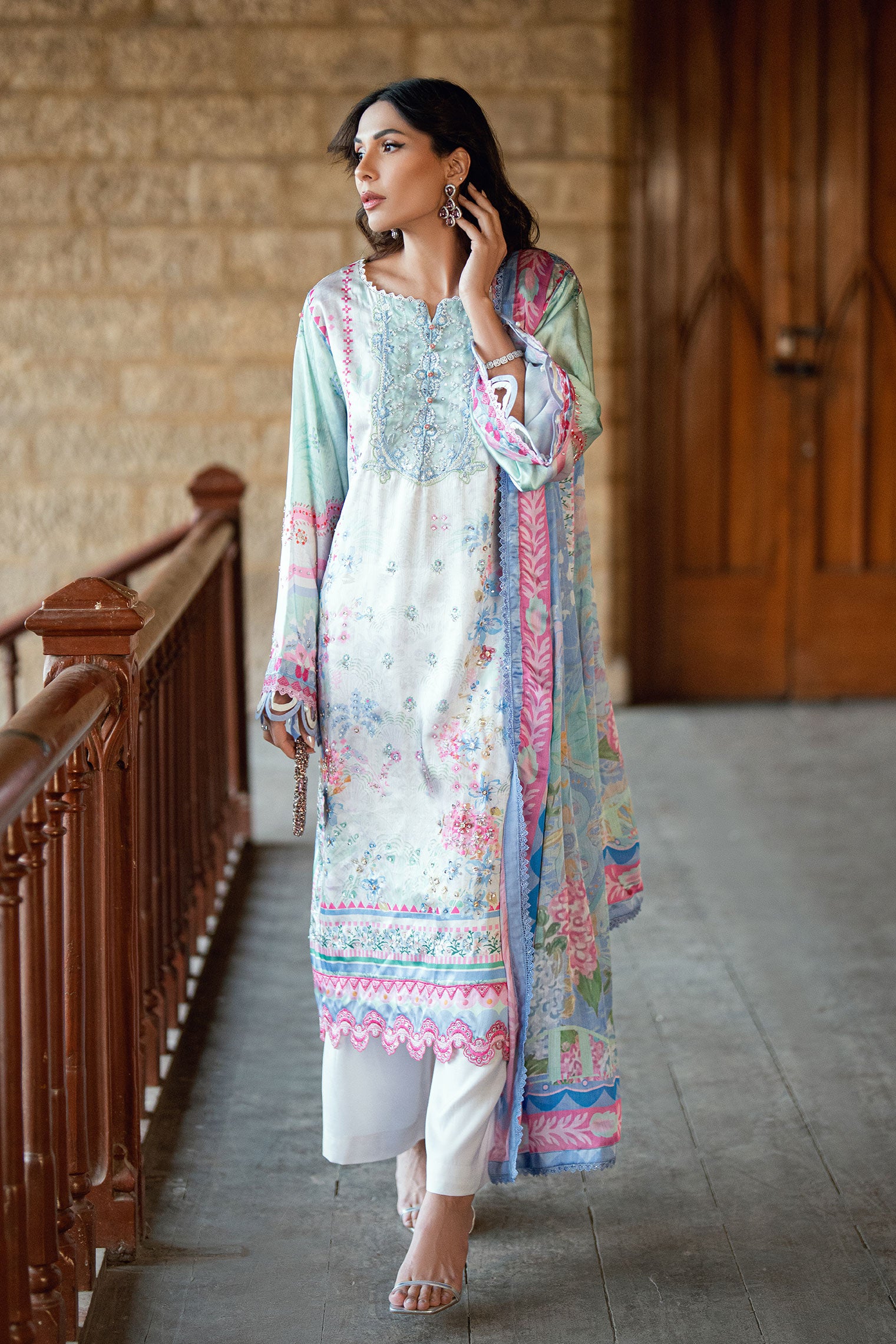 SS26DA-2899 Light Green 2-piece satin silk suit with delicate embroidery on a soft printed kurta and solid bottoms.