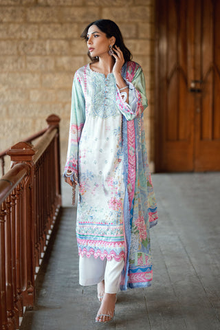 SS26DA-2899 Light Green 2-piece satin silk suit with delicate embroidery on a soft printed kurta and solid bottoms.