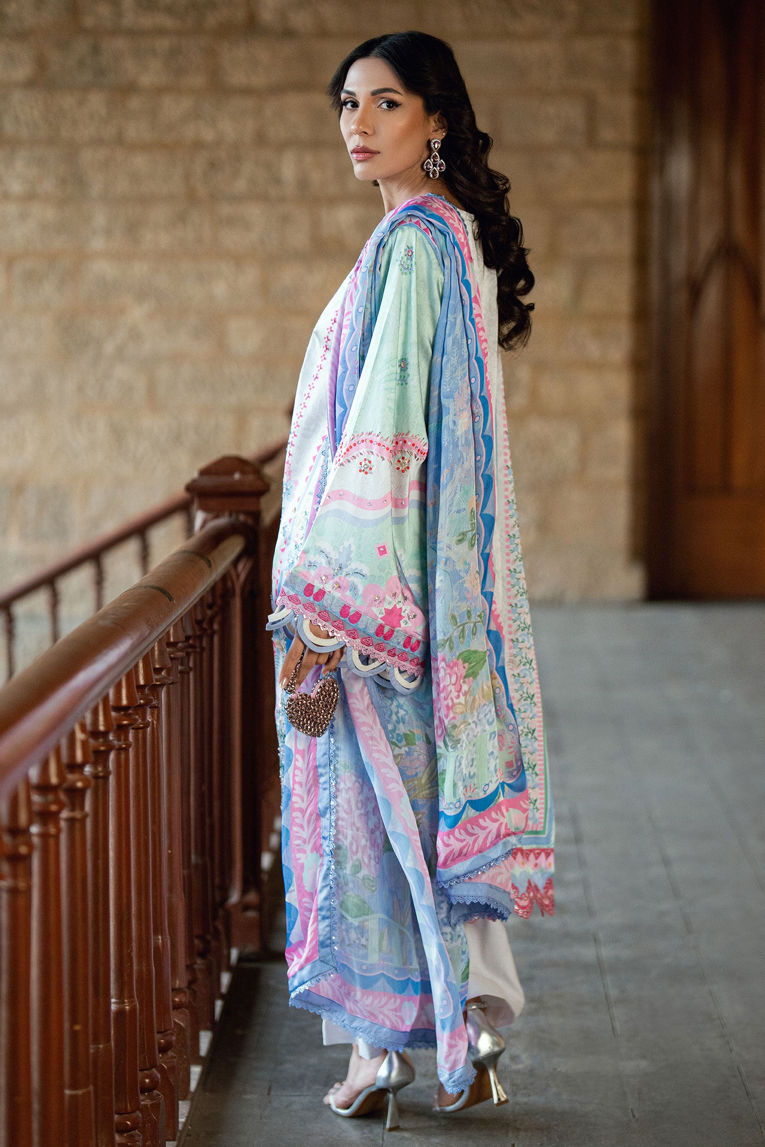 SS26DA-2899 Light Green 2-piece satin silk suit with delicate embroidery on a soft printed kurta and solid bottoms.