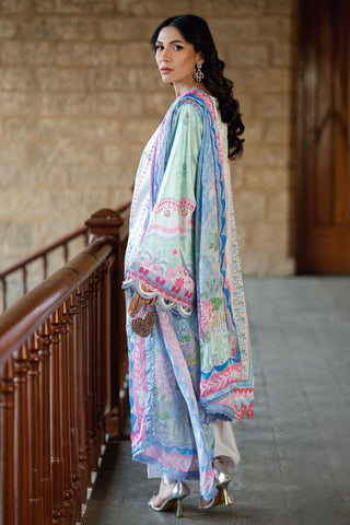 SS26DA-2899 Light Green 2-piece satin silk suit with delicate embroidery on a soft printed kurta and solid bottoms.