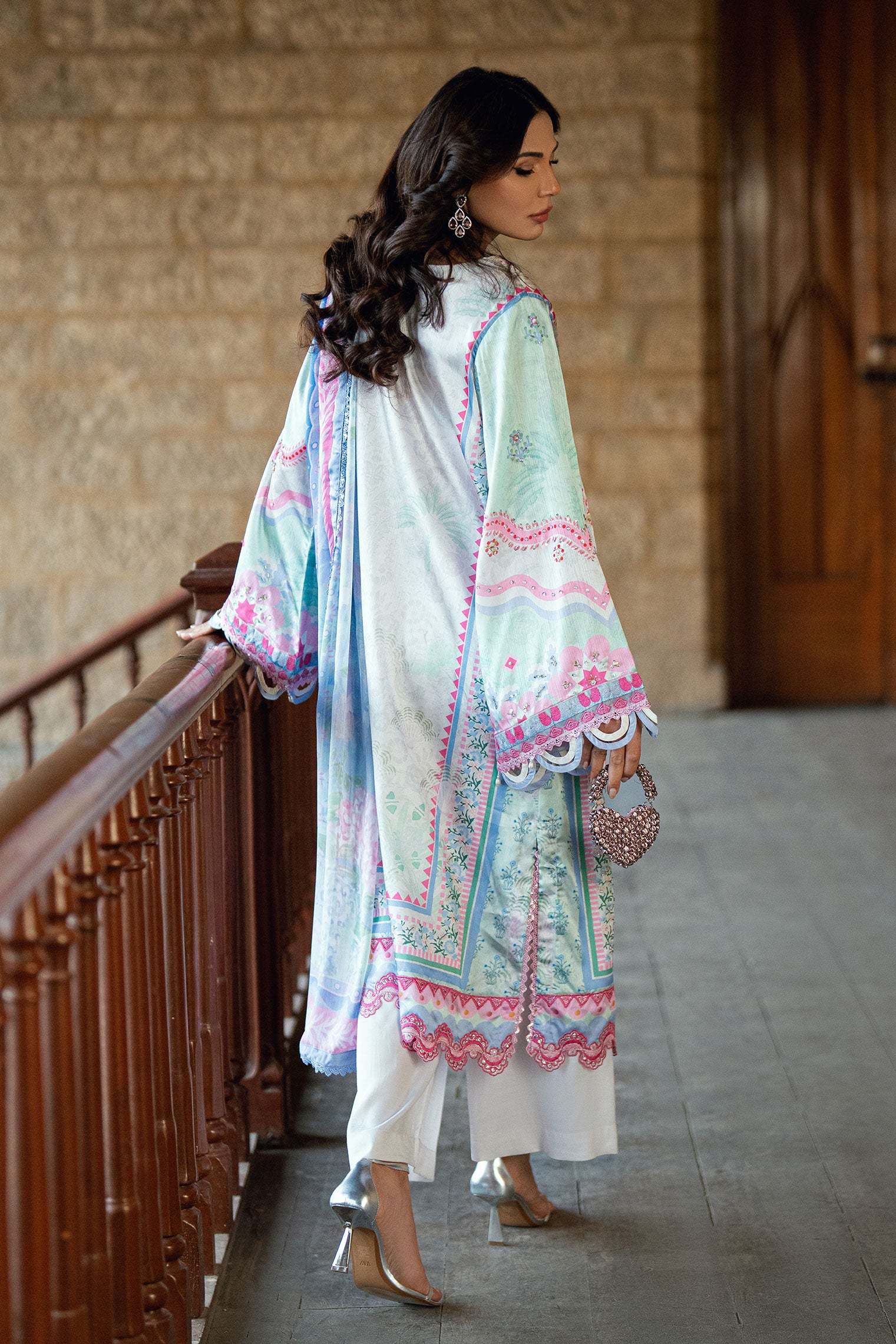 SS26DA-2899 Light Green 2-piece satin silk suit with delicate embroidery on a soft printed kurta and solid bottoms.