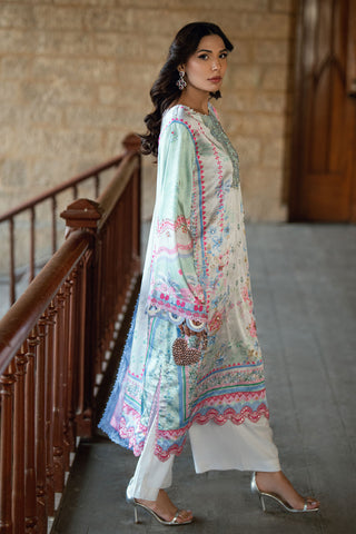 SS26DA-2899 Light Green 2-piece satin silk suit with delicate embroidery on a soft printed kurta and solid bottoms.