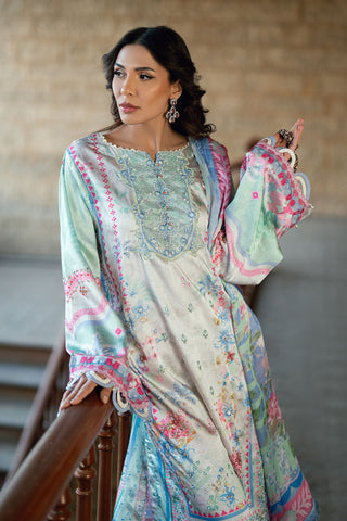 SS26DA-2899 Light Green 2-piece satin silk suit with delicate embroidery on a soft printed kurta and solid bottoms.