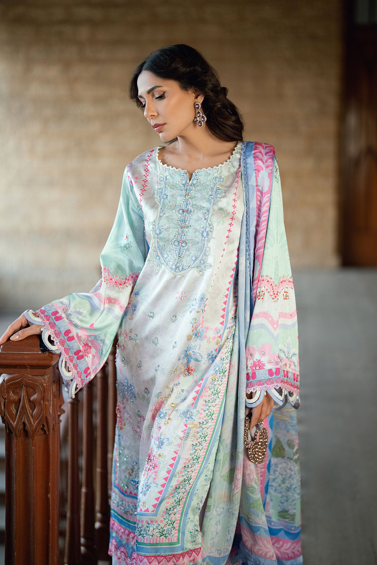 SS26DA-2899 Light Green 2-piece satin silk suit with delicate embroidery on a soft printed kurta and solid bottoms.