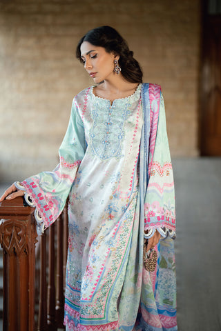 SS26DA-2899 Light Green 2-piece satin silk suit with delicate embroidery on a soft printed kurta and solid bottoms.