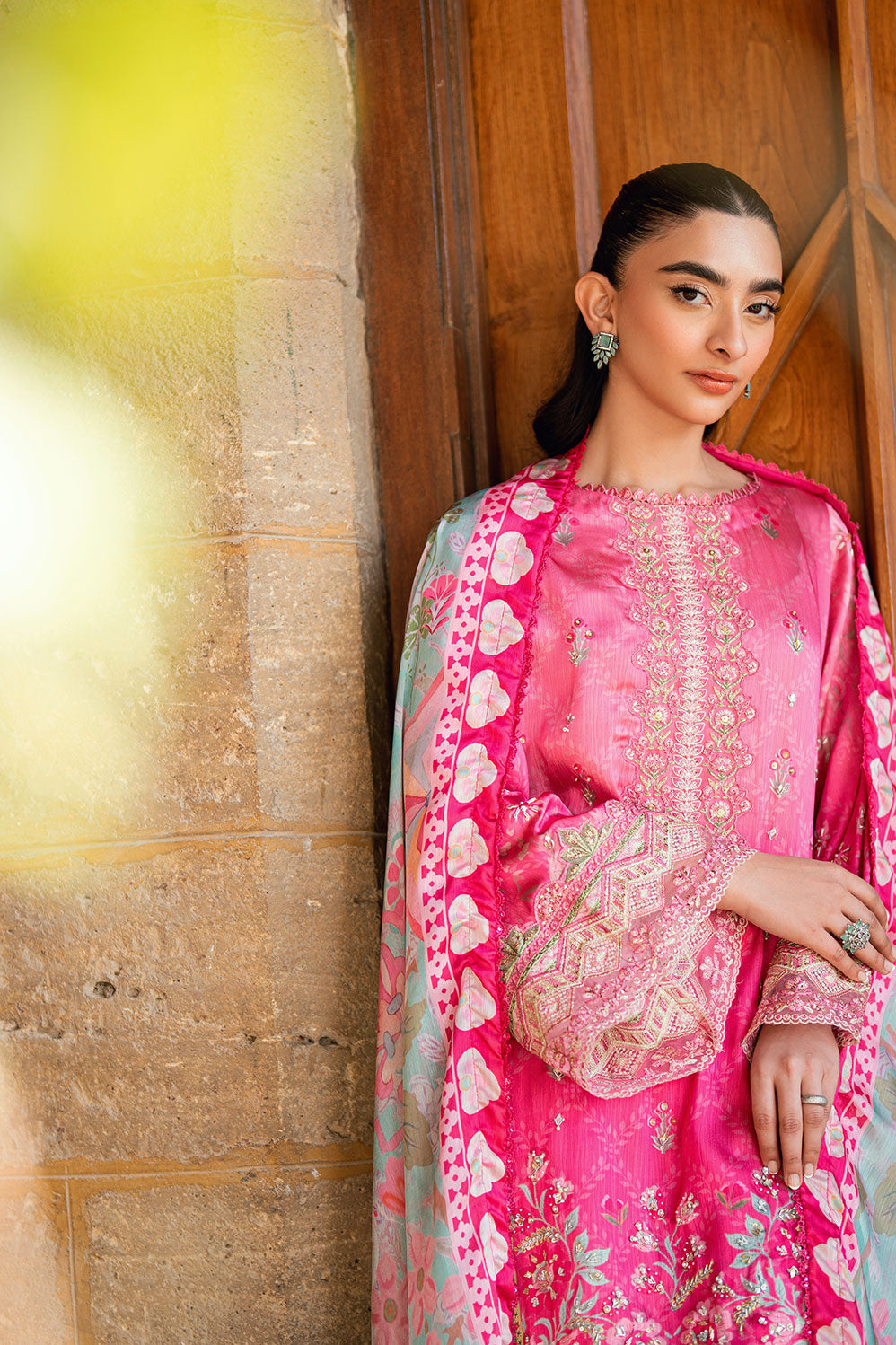 SS26DA-2900 Pink 2-piece hand-embellished silk ensemble featuring intricate detailing and delicate craftsmanship.