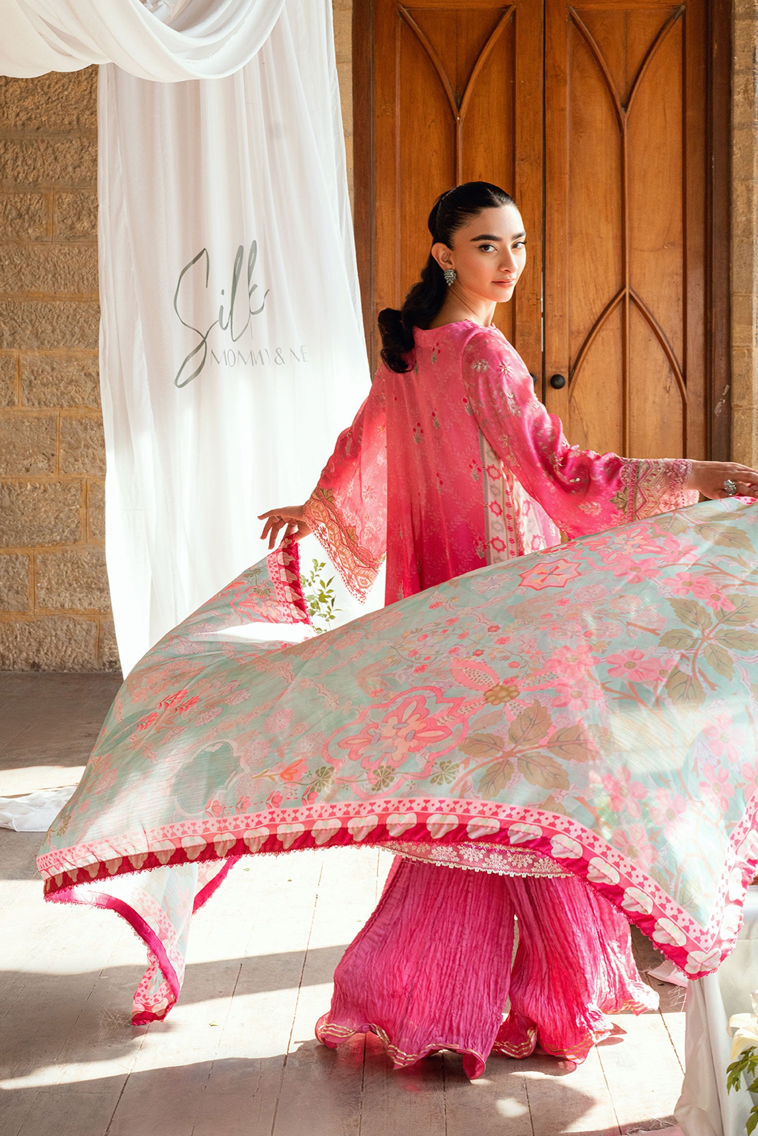 SS26DA-2900 Pink 2-piece hand-embellished silk ensemble featuring intricate detailing and delicate craftsmanship.