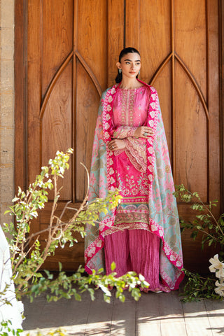 SS26DA-2900 Pink 2-piece hand-embellished silk ensemble featuring intricate detailing and delicate craftsmanship.