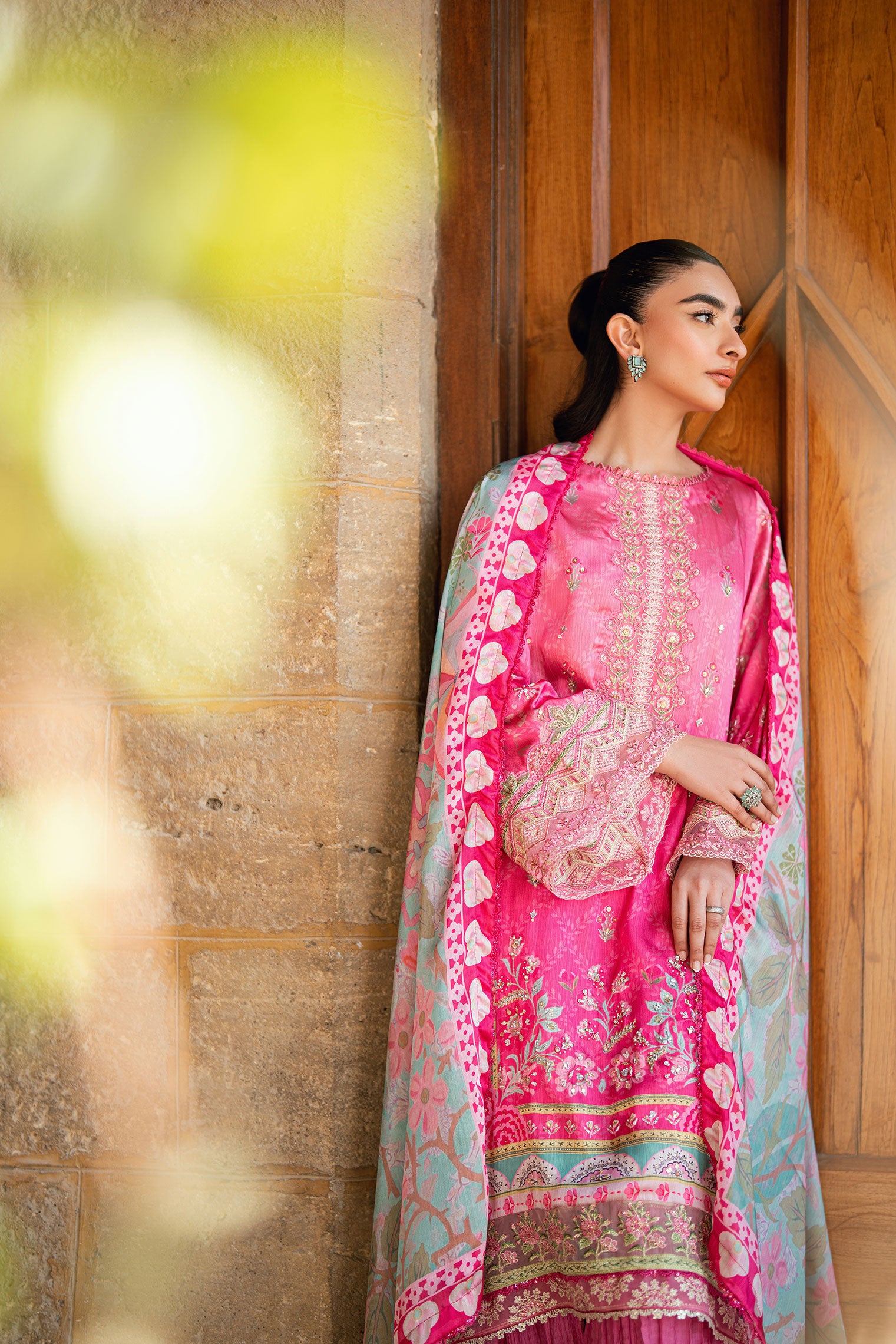 SS26DA-2900 Pink 2-piece hand-embellished silk ensemble featuring intricate detailing and delicate craftsmanship.