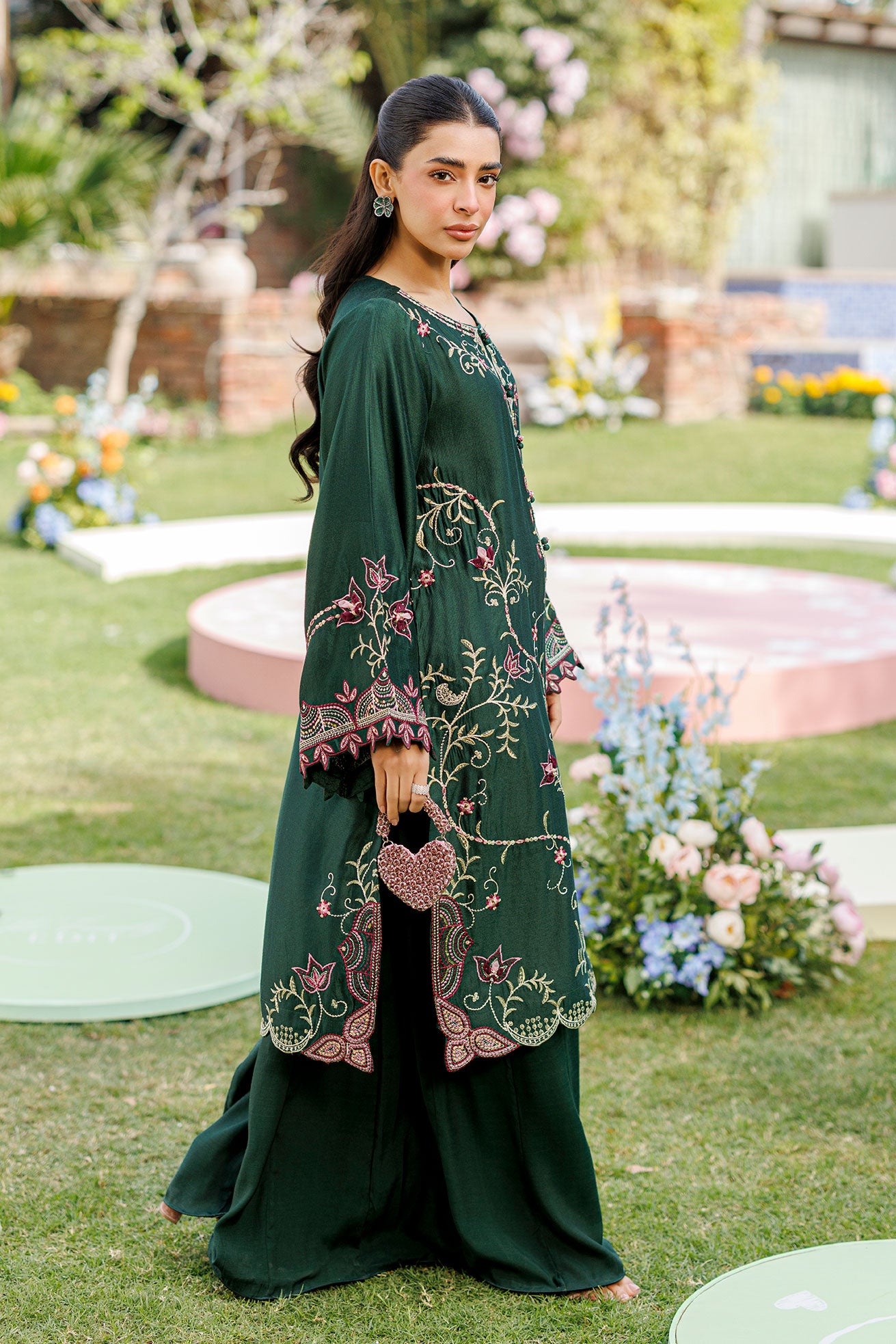 SS26DA-2902 BOTTLE GREEN 2PCS  EMBROIDERED KURTA WITH TROUSER