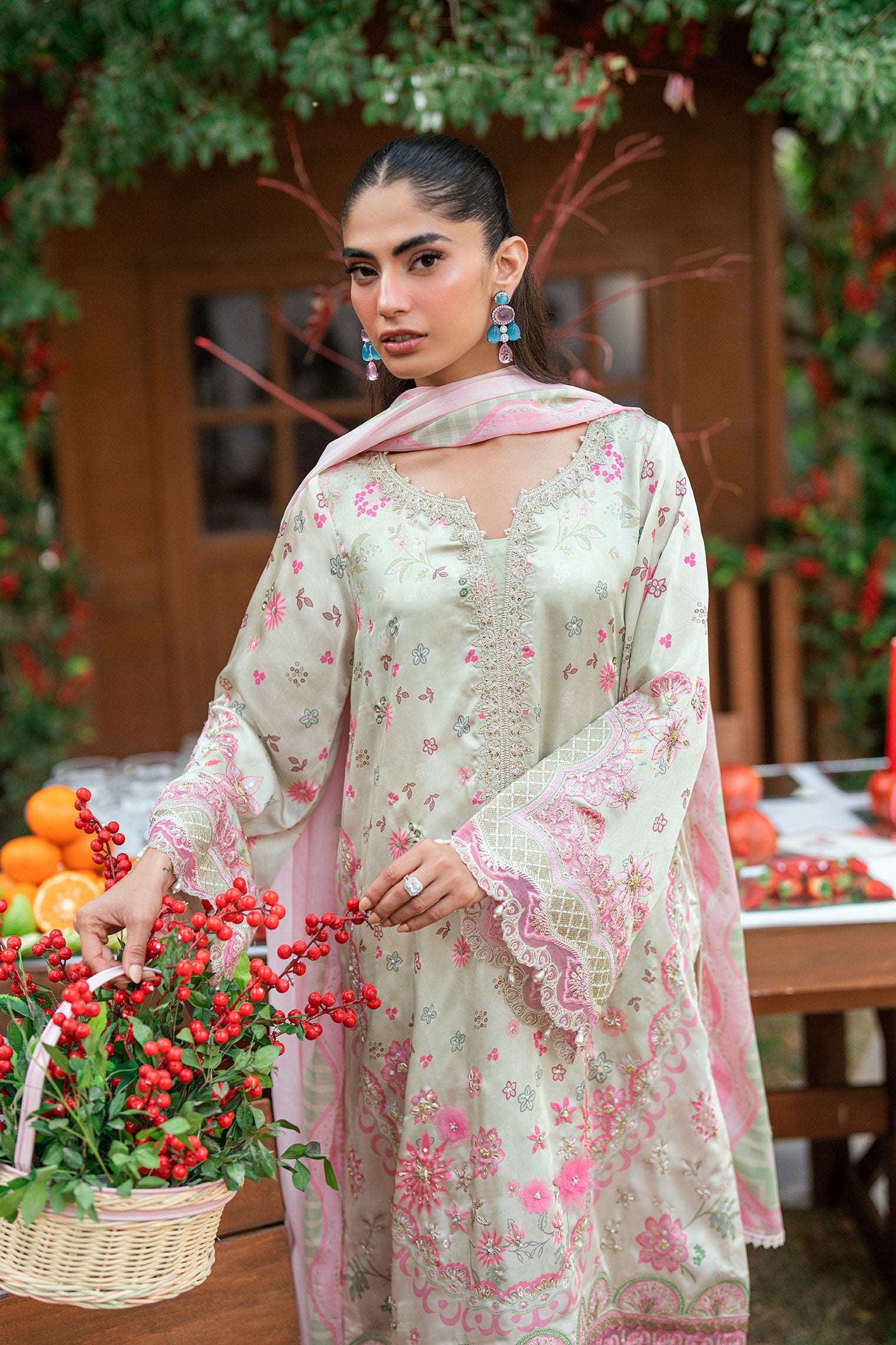 SS26DA-2912 L-GREEN -SILK TUNIC- 2PCS HAND EMBELLISHED  SHIRT WITH TROUSER