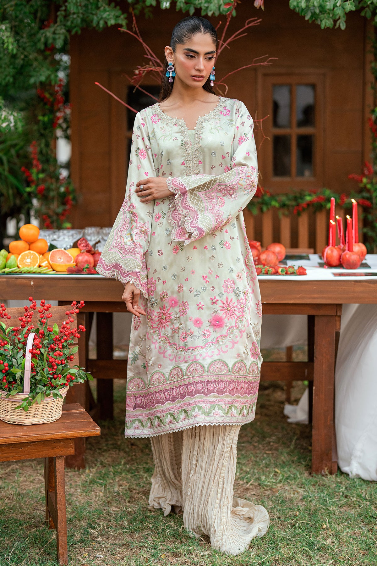 SS26DA-2912 L-GREEN -SILK TUNIC- 2PCS HAND EMBELLISHED  SHIRT WITH TROUSER