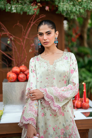SS26DA-2912 L-GREEN -SILK TUNIC- 2PCS HAND EMBELLISHED  SHIRT WITH TROUSER