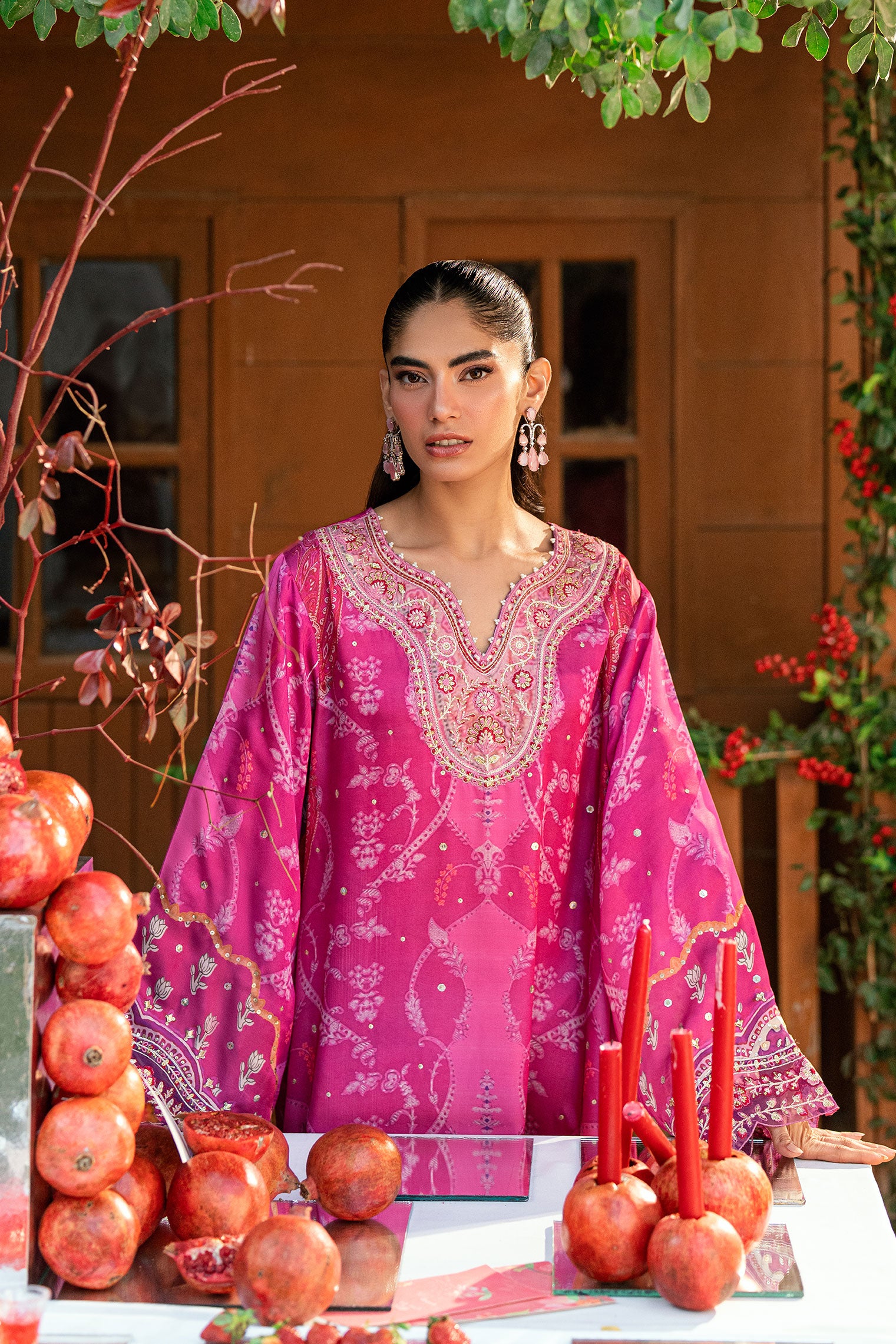 SS26DA-2915 DARK PINK -SILK TUNIC - 1PCS HAND EMBELLISHED  KAFTAN