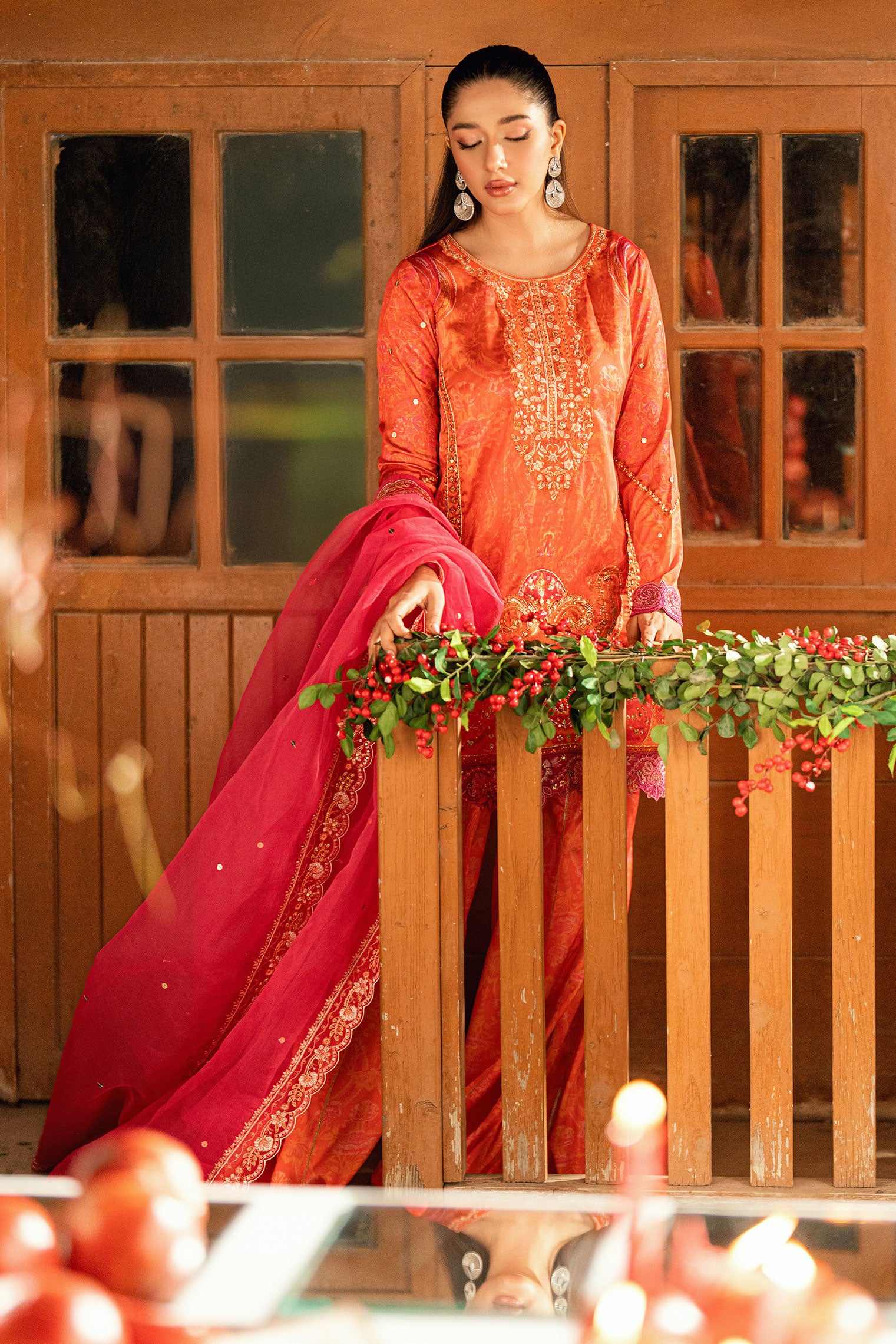 SS26DA-2916 ORANGE -SILK TUNIC- 2PCS HAND EMBELLISHED  SHIRT WITH TROUSER