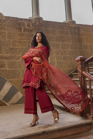 SS26DA-2918 MAROON 2PCS  EMBROIDERED KURTA WITH TROUSER