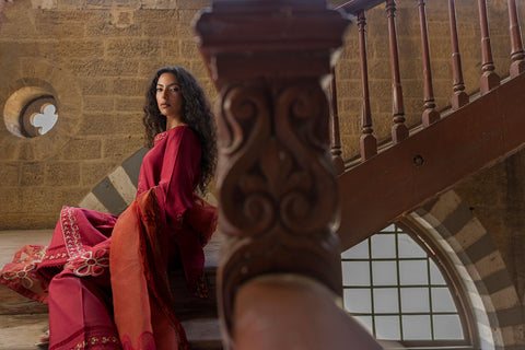 SS26DA-2918 MAROON 2PCS  EMBROIDERED KURTA WITH TROUSER