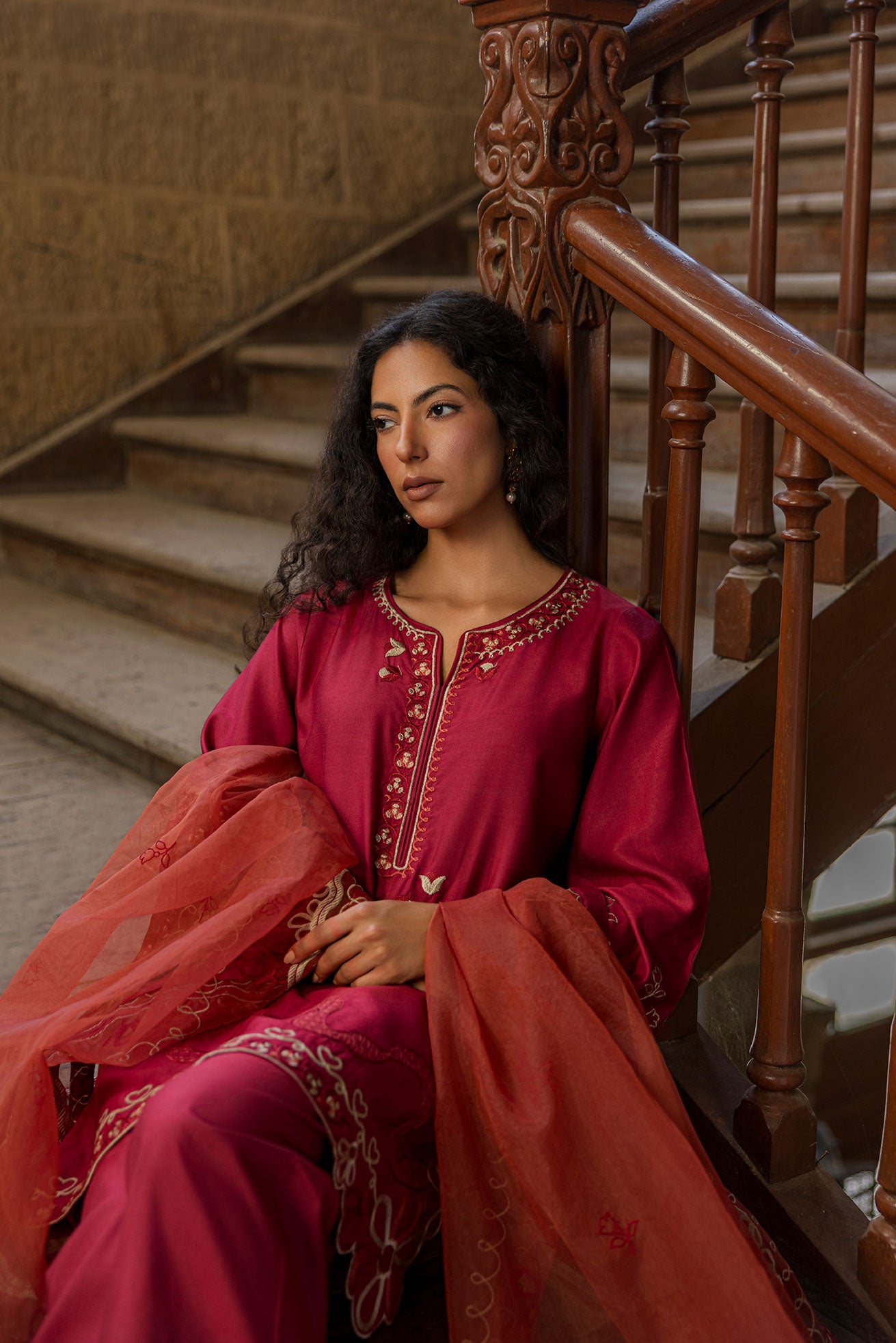 SS26DA-2918 MAROON 2PCS  EMBROIDERED KURTA WITH TROUSER