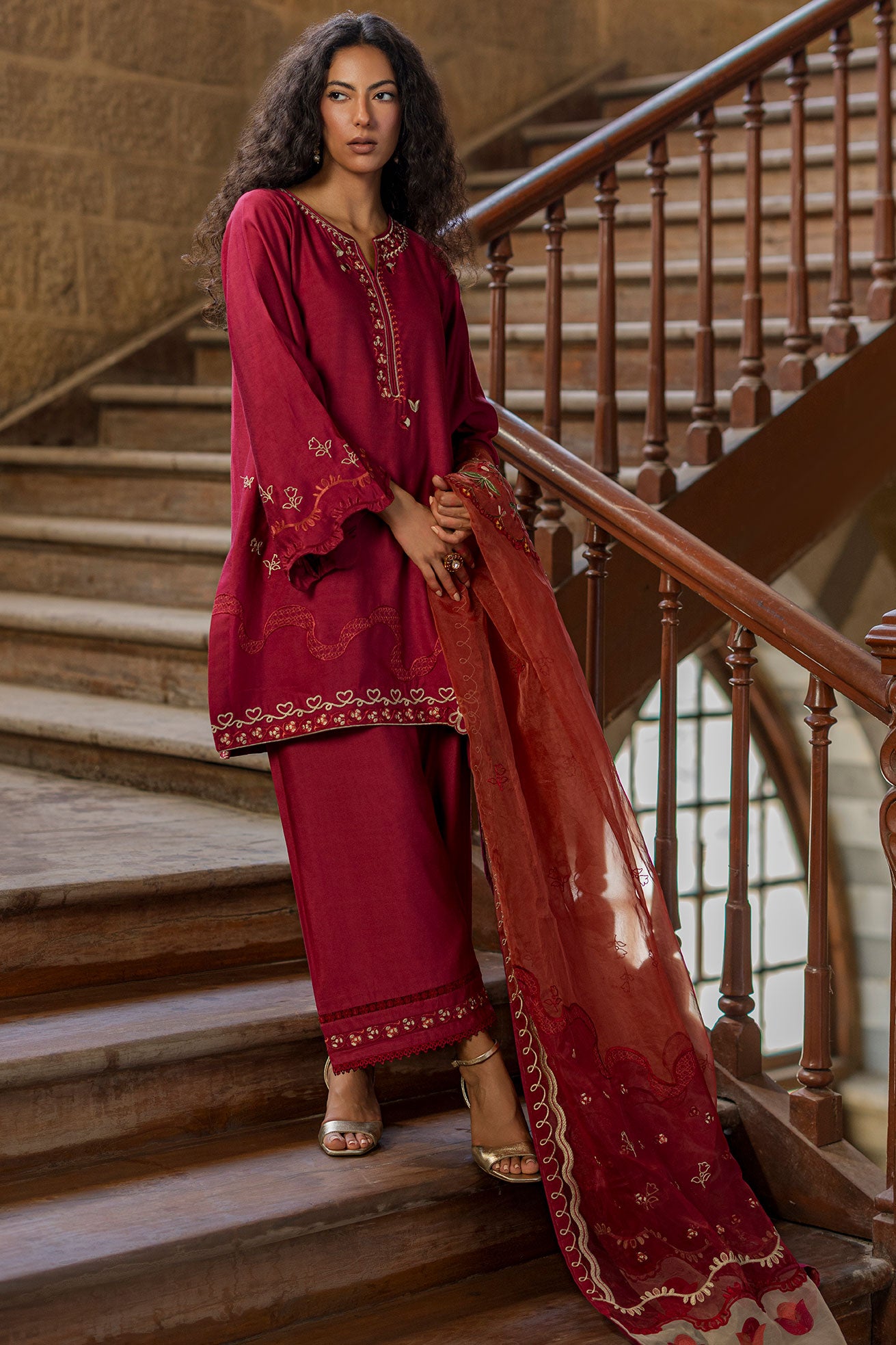 SS26DA-2918 MAROON 2PCS  EMBROIDERED KURTA WITH TROUSER