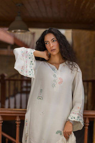 SS26DA-2921 OFF-WHITE 2PCS  EMBROIDERED KURTA WITH TROUSER