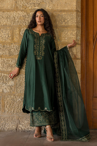 SS26DA-2922 GREEN 2PCS  EMBROIDERED KURTA WITH TROUSER