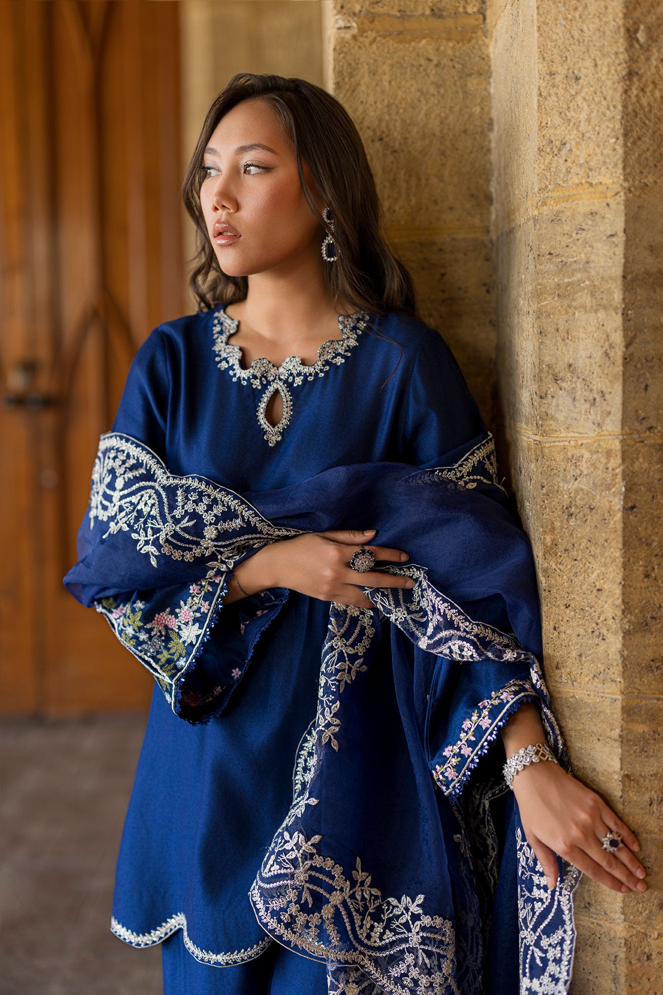 SS26DA-2923 BLUE 2PCS  EMBROIDERED KURTA WITH TROUSER