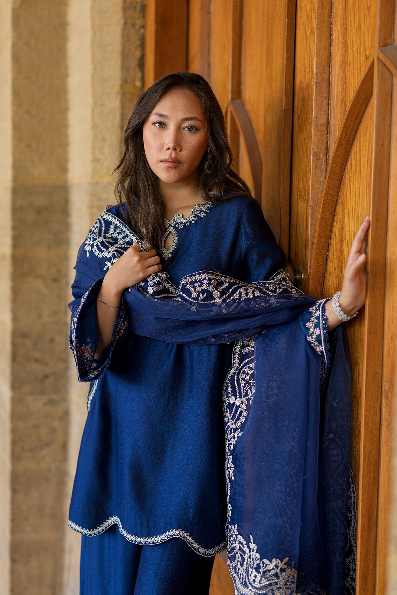 SS26DA-2923 BLUE 2PCS  EMBROIDERED KURTA WITH TROUSER