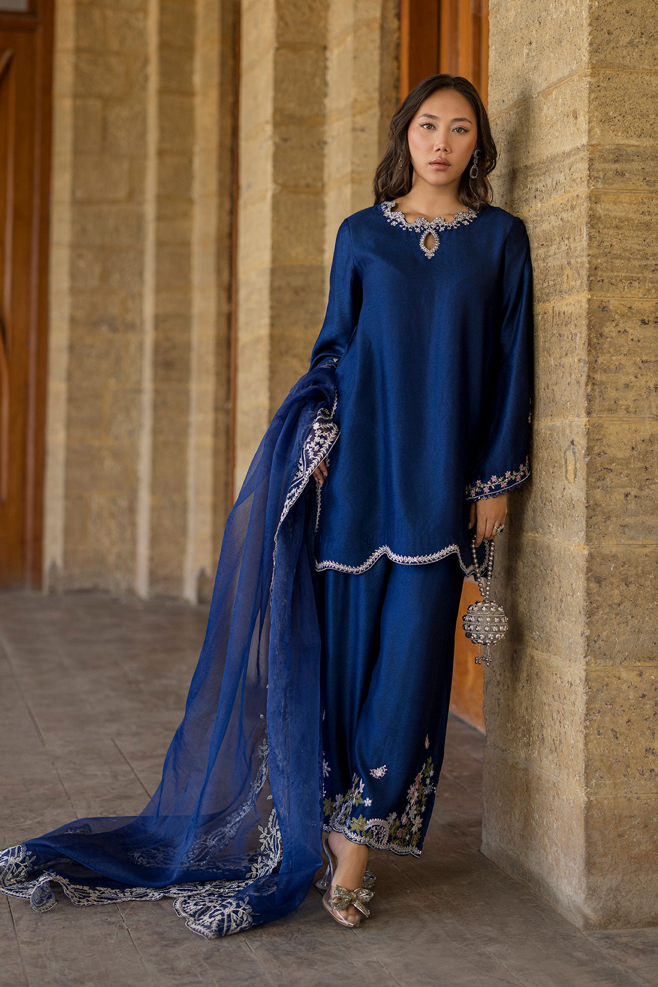 SS26DA-2923 BLUE 2PCS  EMBROIDERED KURTA WITH TROUSER