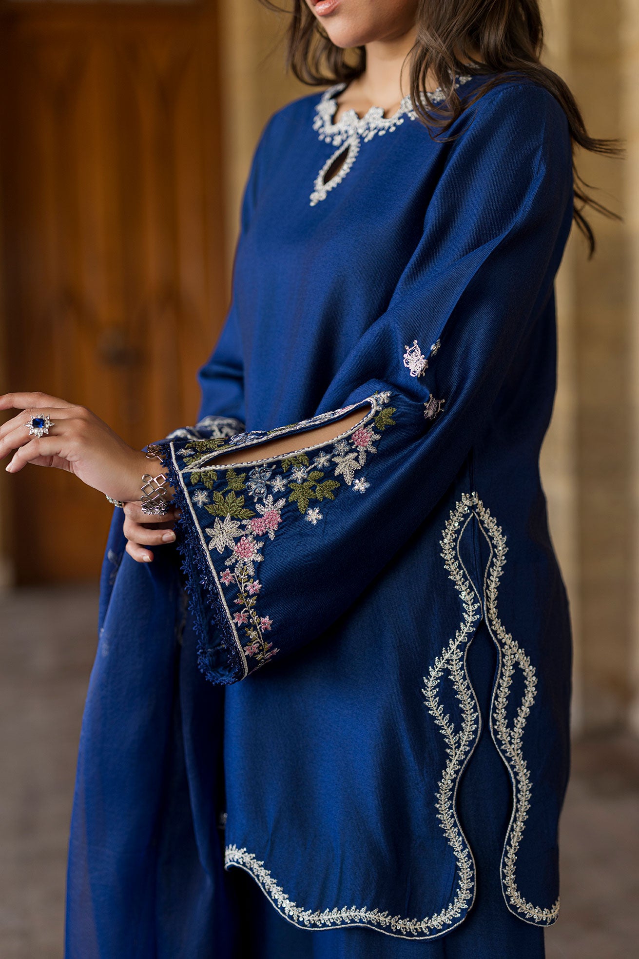 SS26DA-2923 BLUE 2PCS  EMBROIDERED KURTA WITH TROUSER