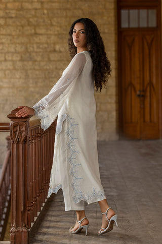 SS26DA-2924 WHITE 2PCS  EMBROIDERED KURTA WITH TROUSER