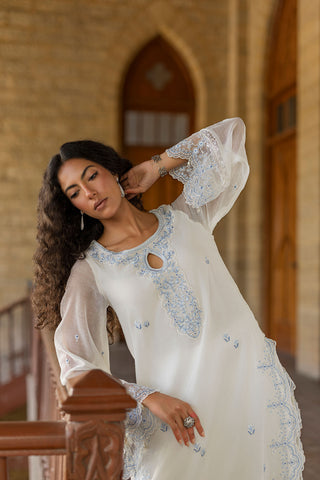 SS26DA-2924 WHITE 2PCS  EMBROIDERED KURTA WITH TROUSER