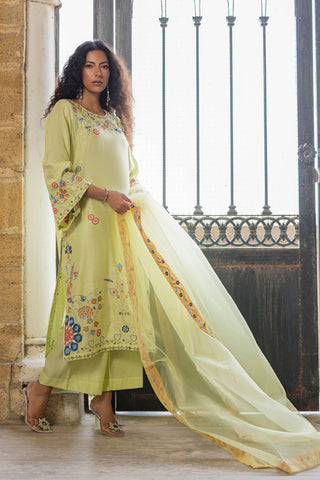 SS26DA-2925 NEON GREEN 2PCS  EMBROIDERED KURTA WITH TROUSER
