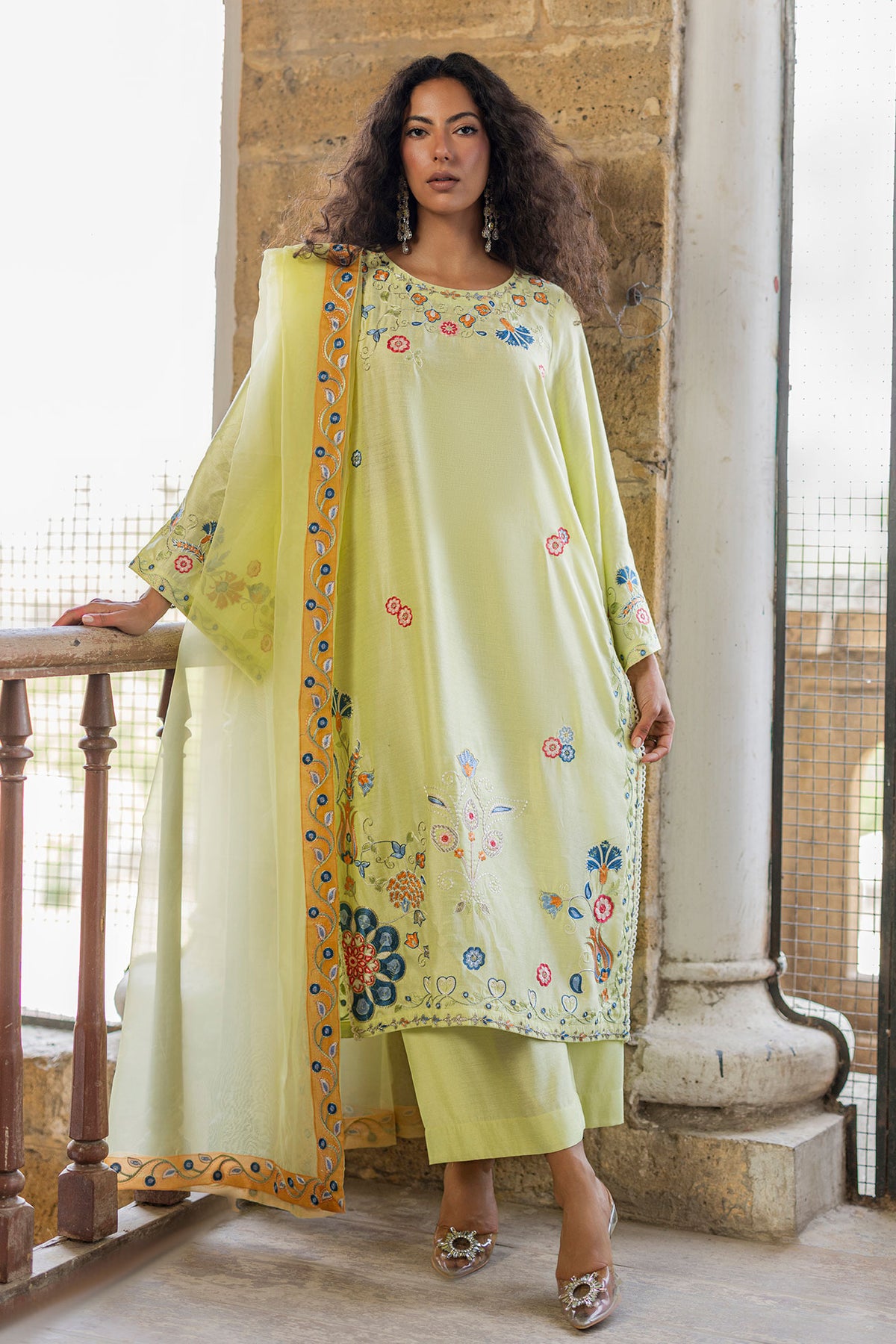 SS26DA-2925 NEON GREEN 2PCS  EMBROIDERED KURTA WITH TROUSER