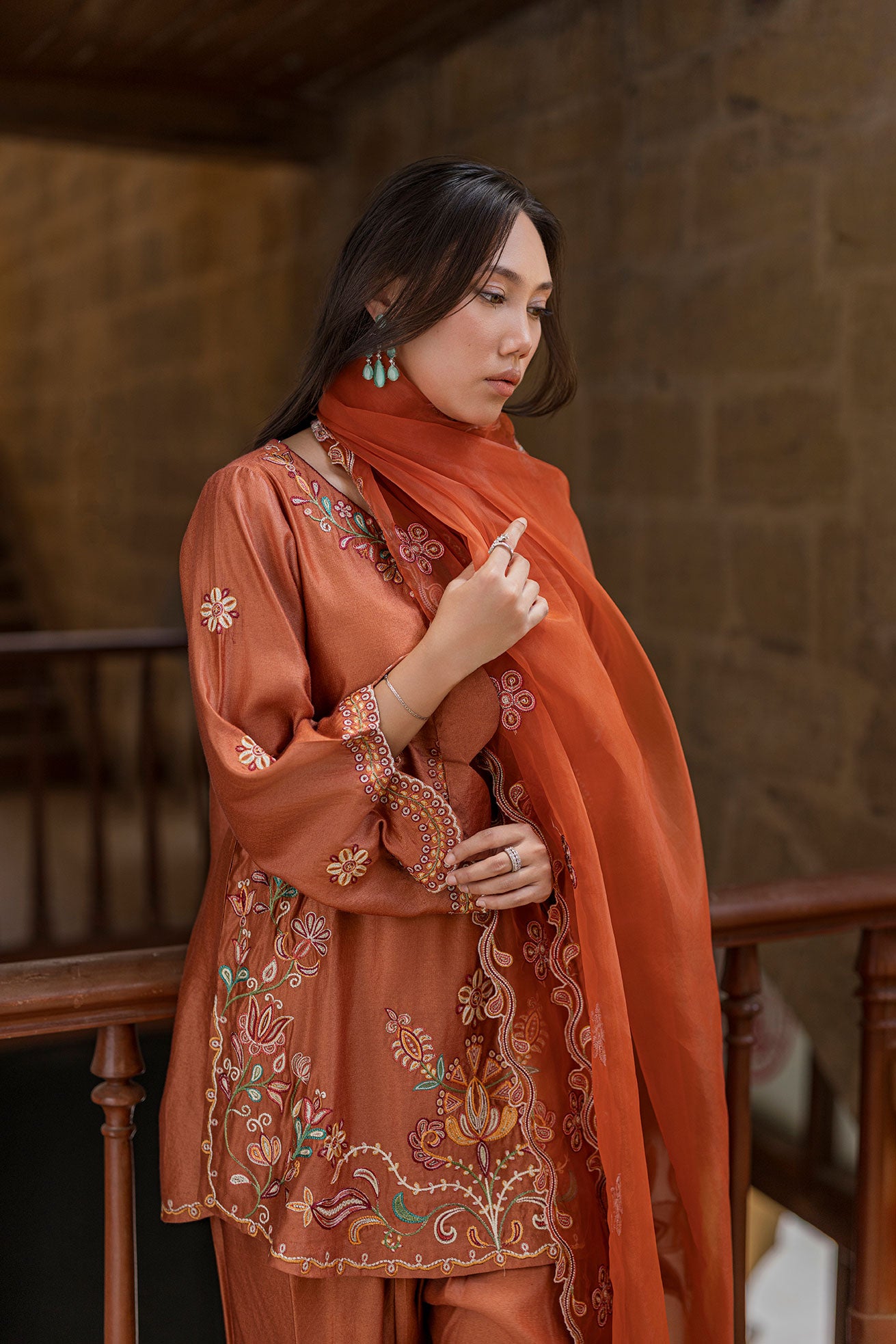 SS26DA-2927 RUST 2PCS  EMBROIDERED KURTA WITH TROUSER
