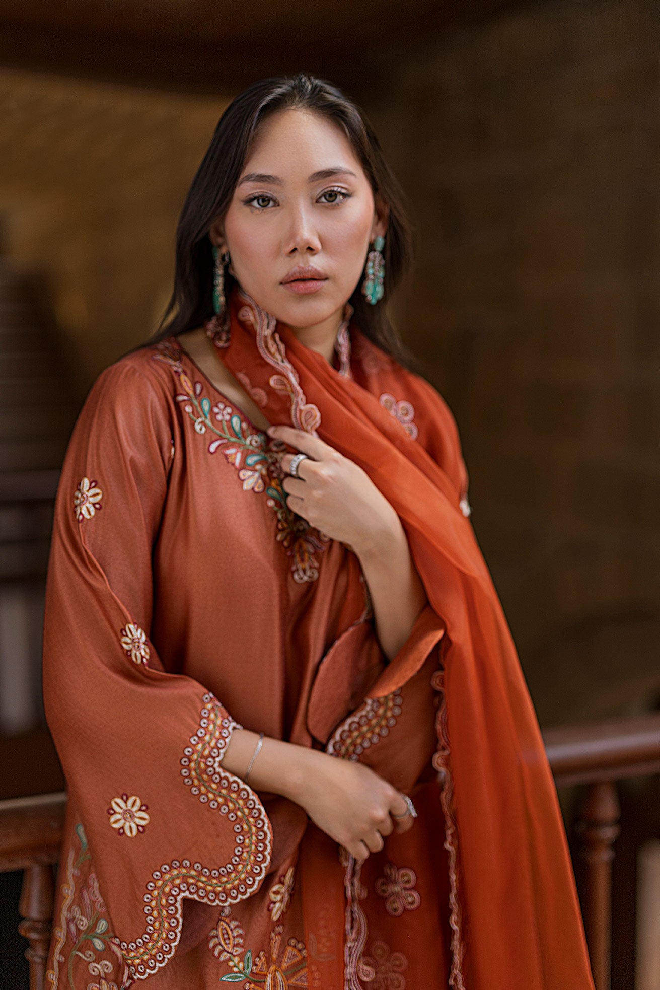 SS26DA-2927 RUST 2PCS  EMBROIDERED KURTA WITH TROUSER