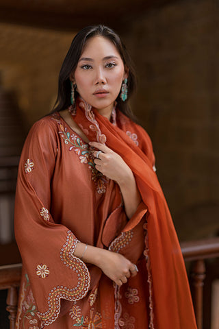 SS26DA-2927 RUST 2PCS  EMBROIDERED KURTA WITH TROUSER