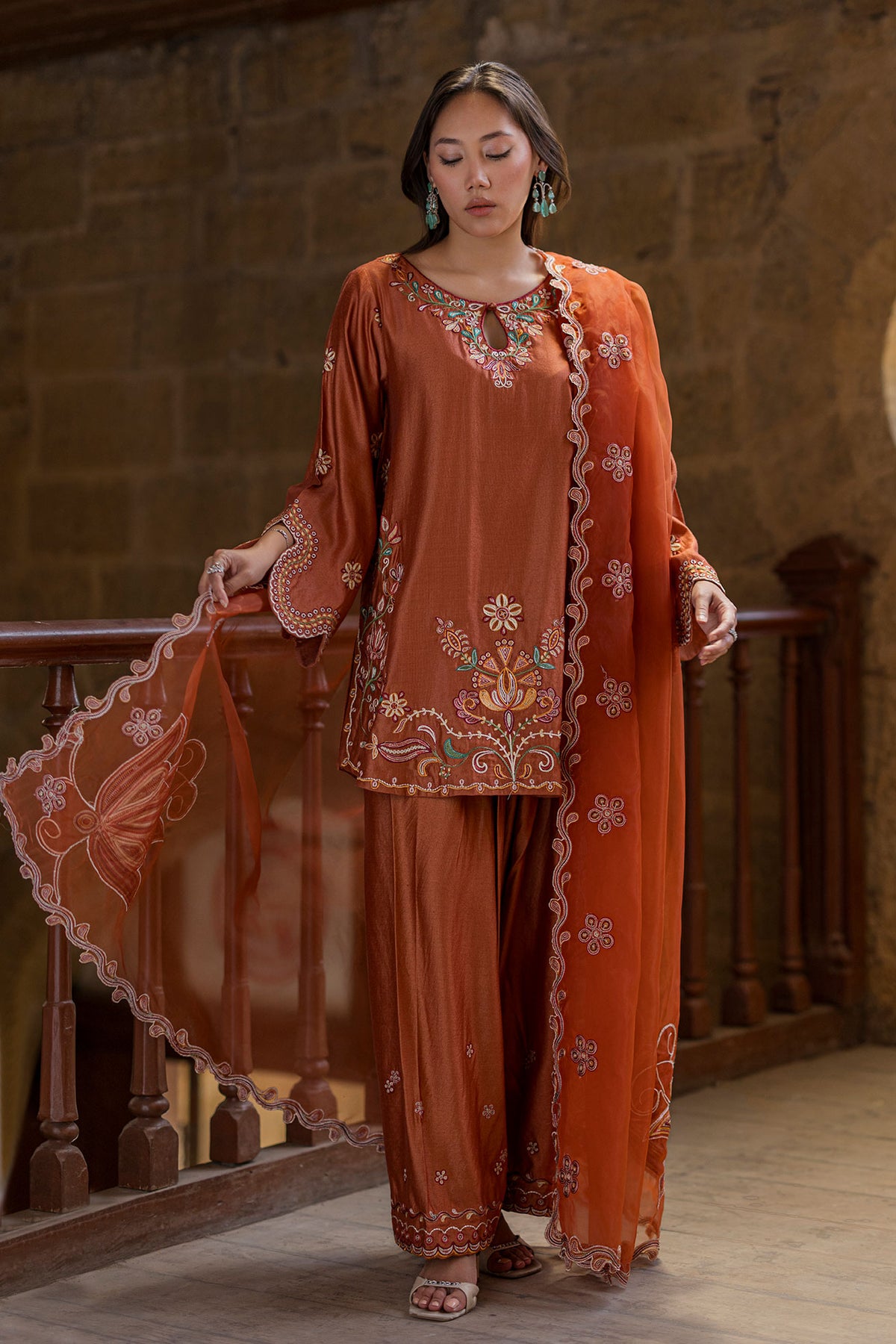 SS26DA-2927 RUST 2PCS  EMBROIDERED KURTA WITH TROUSER