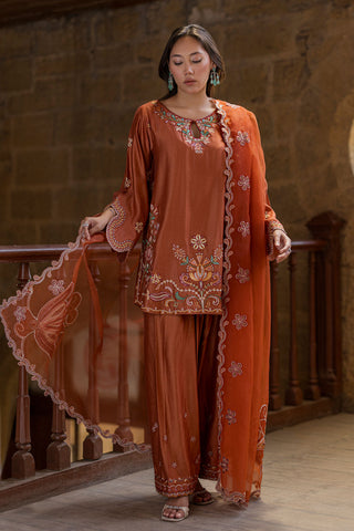 SS26DA-2927 RUST 2PCS  EMBROIDERED KURTA WITH TROUSER
