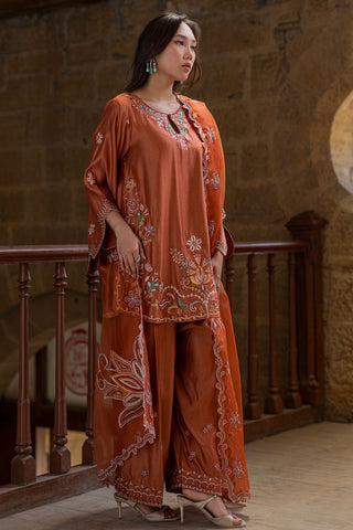 SS26DA-2927 RUST 2PCS  EMBROIDERED KURTA WITH TROUSER