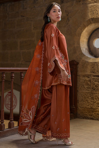 SS26DA-2927 RUST 2PCS  EMBROIDERED KURTA WITH TROUSER