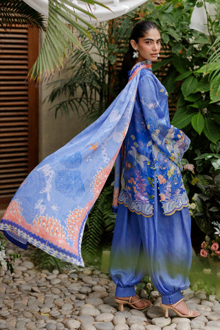 SS26DA-2934 BLUE -SILK TUNIC- 2PCS HAND EMBELLISHED  SHIRT WITH TROUSER