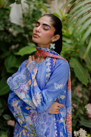SS26DA-2934 BLUE -SILK TUNIC- 2PCS HAND EMBELLISHED  SHIRT WITH TROUSER
