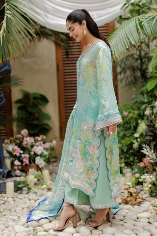 SS26DA-2937 GREEN -SILK TUNIC- 2PCS HAND EMBELLISHED  SHIRT WITH TROUSER