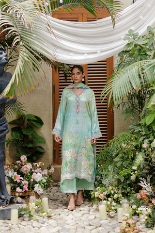 SS26DA-2937 GREEN -SILK TUNIC- 2PCS HAND EMBELLISHED  SHIRT WITH TROUSER